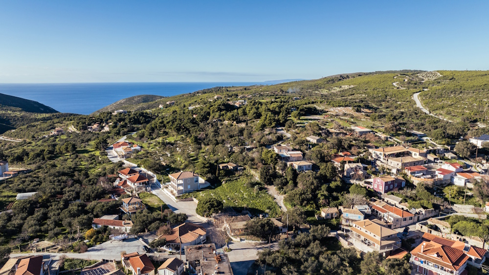 Aerial view of the village and coastline near Kristallia Villa in Zakynthos.